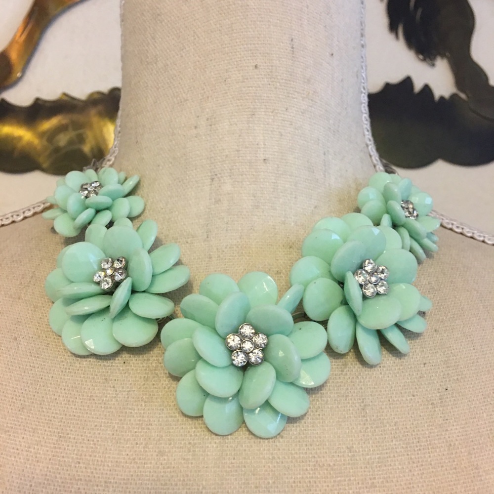 Faceted mint floral cluster rhinestone necklace